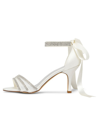 Zapatos de boda marfil Lazos de malla Punta redonda Tacón de aguja Zapatos de novia con correa en el tobillo