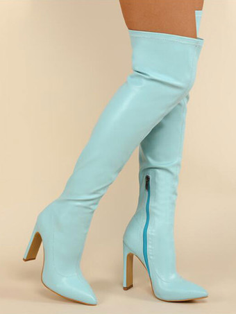 Frauen über den Kniestiefel klobige Ferse spitz auf PU-Leder blonde Oberschenkel-hohe Stiefel