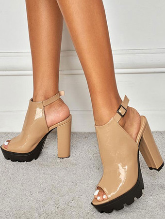 Women Summer Boots Chunky Heel Peep Toe PU Leather Black Slingback Boots