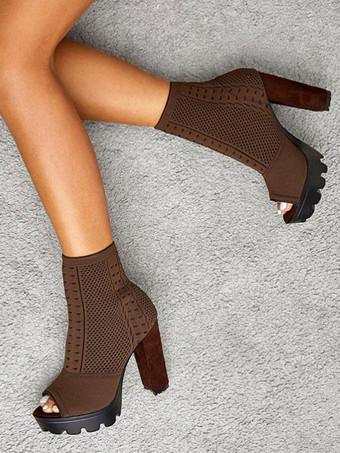 ディープブラウン女性のブーティオープンチェンキースヒール弾性生地ブラックアンクルブーツ