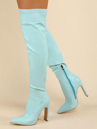 Hellschiefergrau Frauen über den Kniestiefel klobige Ferse spitz auf PU-Leder blonde Oberschenkel-hohe Stiefel