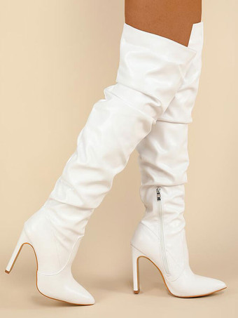ホワイト 膝の上の女性の膝のブーツとチャンチーヒール尖ったつま先の弾性生地黒太もしいハイブーツ