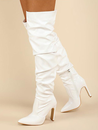 膝の上の女性の膝のブーツとチャンチーヒール尖ったつま先の弾性生地黒太もしいハイブーツ