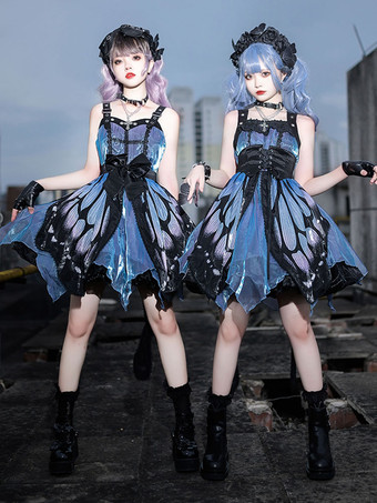 Punk Gothic Lolita JSK Dress Farfalla senza maniche Fiocchi Gonna blu Lolita Jumper