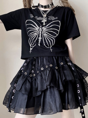 Top gótico Lolita Poliéster Patrón de mariposa Manga corta Camisa negra Lolita