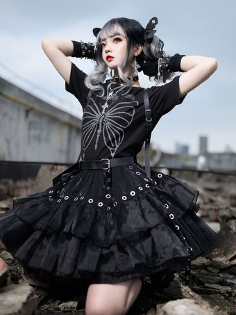 Gothique Lolita Mini Jupe Rivets Jupe Courte En Polyester Noir
