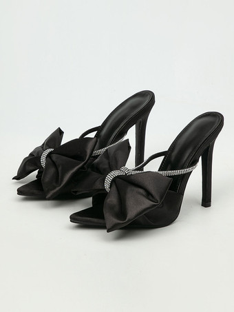 ブラック ヒールミュール ローズレッドリボン スティレットヒール ポインテッドトゥ スリッポンミュール