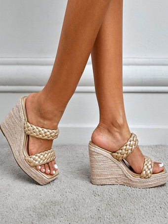 女性ウェッジ ヒール ミュール スリップオン スクエアトゥ PU レザー ライト ブロンド ウェッジ ボヘミアン ウェディング サンダル