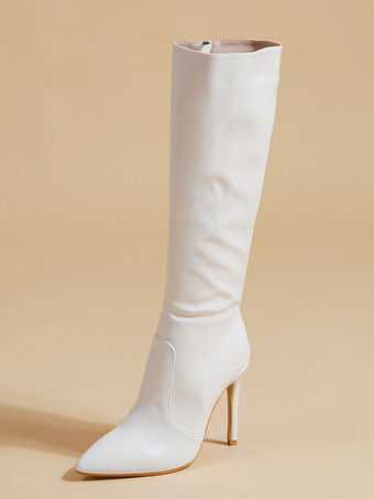 女性のブーツ スティレットヒール ポインテッドトゥ PU レザー レッド ニーハイ ブーツ