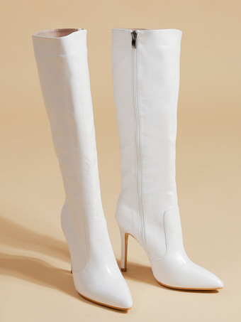 女性のブーツ スティレットヒール ポインテッドトゥ PU レザー レッド ニーハイ ブーツ