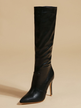 ブラック 女性のブーツ スティレットヒール ポインテッドトゥ PU レザー レッド ニーハイ ブーツ