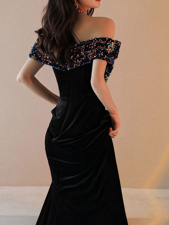 プロムドレスA ラインバトーネックベロア床長さのスパンコールフォーマルパーティードレス結婚式のゲストドレス無料カスタマイズ