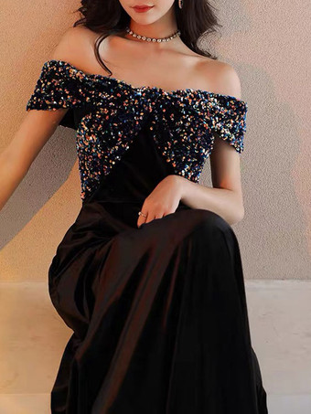 プロムドレスA ラインバトーネックベロア床長さのスパンコールフォーマルパーティードレス結婚式のゲストドレス無料カスタマイズ