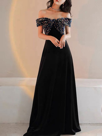 Prom Dress 2024 A-Line Bateau Neck Velour Floor-Length Sequins Formal Party Dresses Wedding Guest Dresses Free Customization