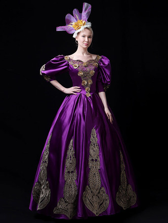 パープル コスチュームクラシカルロリータフローラルプリントカラーブロッククラシックパープルブラック