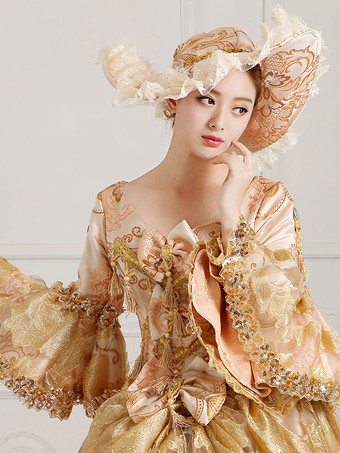 ロココビクトリア朝のドレス花柄プリントレース3/4レングススリーブディープアプリコットクラシックロリータドレス