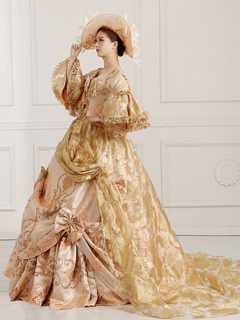 Vestido victoriano rococó Vestido de fiesta Estampado floral Encaje Manga 3/4 Vestido de Lolita clásico de color albaricoque profundo