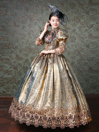 Rococo Victorian Dress Prom Dress Chinese Style Floral Print Lace 3/4-Length Sleeve Champagne Classical Lolita Dress