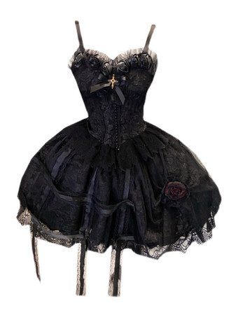   ゴシックロリータドレスレースノースリーブブラックロリータジャンパースカート