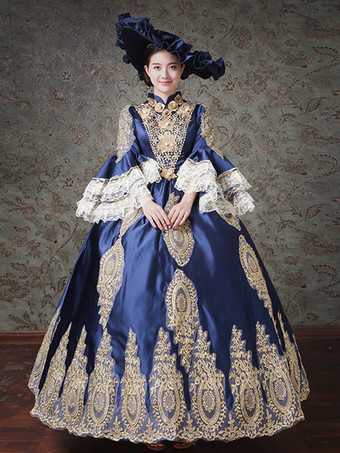 Vestido Rococó Vitoriano Vestido De Formatura Renda Manga Longa Azul Clássico Vestido Lolita