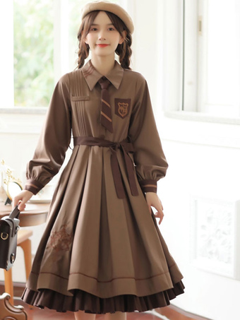 Classical Lolita OP Dress Academic Floral Print Long Sleeve Deep Brown Classic Lolita One Piece Dress
