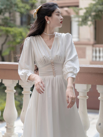 Vestido clássico lolita OP de poliéster manga longa branco lolita vestido de uma peça