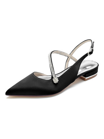 ブラック ウェディングシューズホワイトサテンラインストーンポインテッドトゥフラットブライダルシューズ