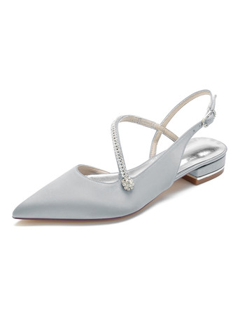 シルバー ウェディングシューズホワイトサテンラインストーンポインテッドトゥフラットブライダルシューズ