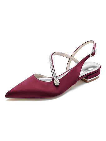 バーガンディーウェディングシューズホワイトサテンラインストーンポインテッドトゥフラットブライダルシューズ