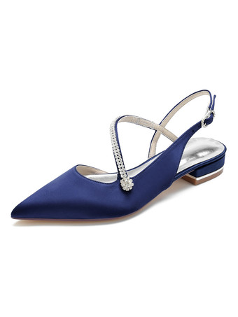 ディープブルーウェディングシューズホワイトサテンラインストーンポインテッドトゥフラットブライダルシューズ