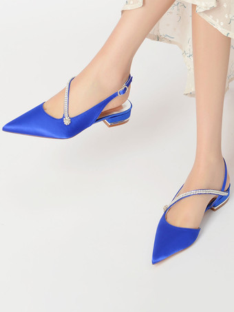 ウェディングシューズホワイトサテンラインストーンポインテッドトゥフラットブライダルシューズ