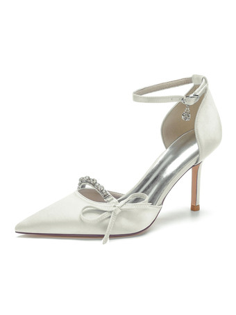 marfil Zapatos de boda Satén Rosa Punta estrecha Arcos Tacón de aguja Zapatos de novia
