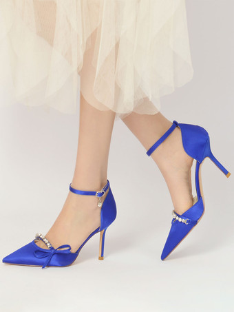 Azul franciaZapatos de boda Satén Rosa Punta estrecha Arcos Tacón de aguja Zapatos de novia