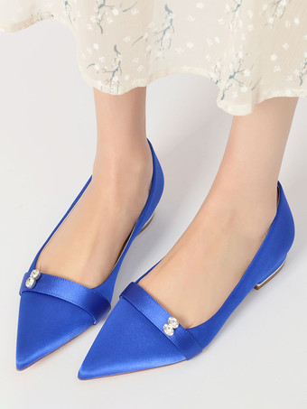 結婚式の靴サテンホワイト先のとがったつま先ラインストーンフラットブライダルシューズ