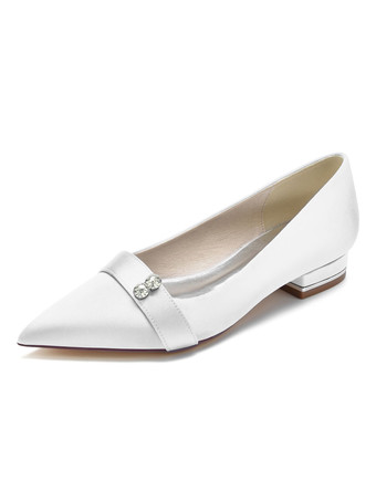 ホワイト 結婚式の靴サテンホワイト先のとがったつま先ラインストーンフラットブライダルシューズ