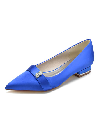 ロイヤルブルー結婚式の靴サテンホワイト先のとがったつま先ラインストーンフラットブライダルシューズ