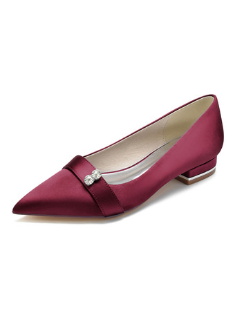 バーガンディー結婚式の靴サテンホワイト先のとがったつま先ラインストーンフラットブライダルシューズ