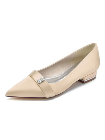 シャンパンカラー結婚式の靴サテンホワイト先のとがったつま先ラインストーンフラットブライダルシューズ