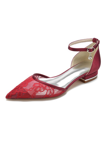 バーガンディー結婚式の靴サテンラインストーン先のとがったつま先フラットブライダルシューズ