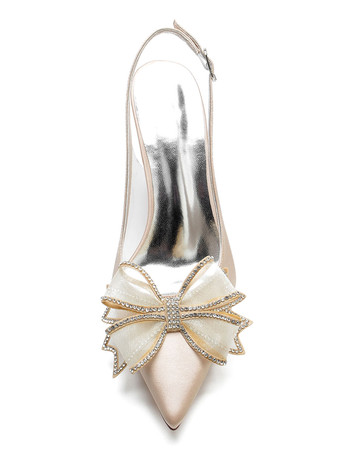 シャンパンカラーウェディングシューズサテンシルバーポインテッドトゥボウスティレットヒールブライダルシューズ