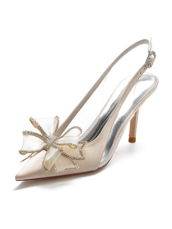 ウェディングシューズサテンシルバーポインテッドトゥボウスティレットヒールブライダルシューズ