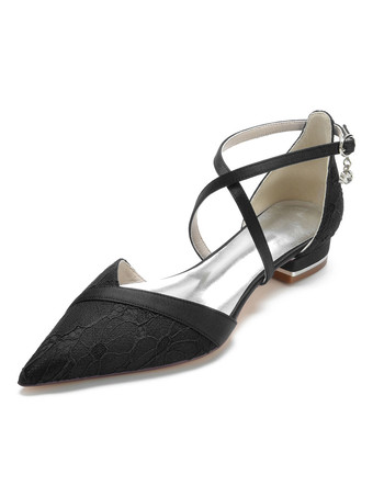ブラック ブライダル ポインテッドトゥ レースフラット ウェディングシューズ 女性