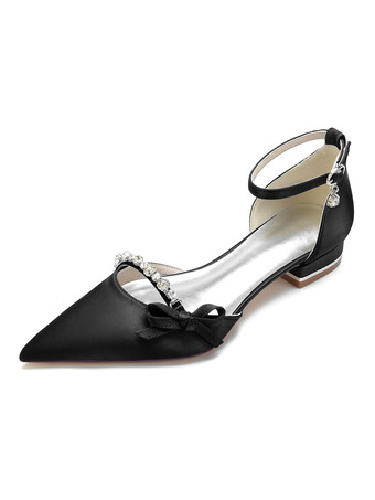 ブラック 結婚式の靴サテンホワイト先のとがったつま先の弓フラットブライダルシューズ