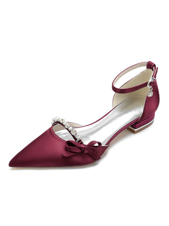 ワインレッド 結婚式の靴サテンホワイト先のとがったつま先の弓フラットブライダルシューズ