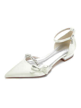アイボリー 結婚式の靴サテンホワイト先のとがったつま先の弓フラットブライダルシューズ