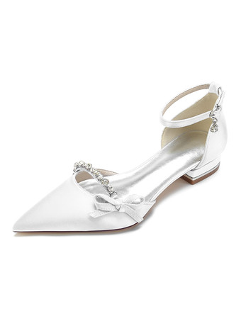 Sapatos de casamento de cetim branco com bico pontudo  sapatos de noiva planos