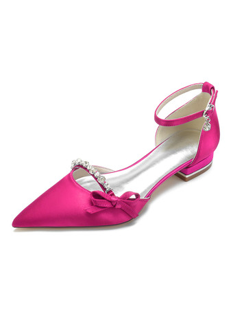 ローズレッド結婚式の靴サテンホワイト先のとがったつま先の弓フラットブライダルシューズ