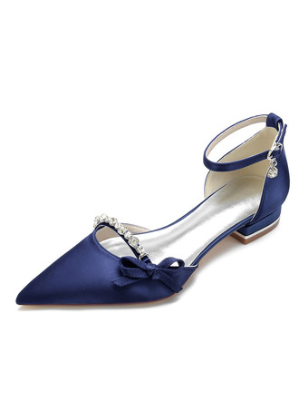 ディープブルー結婚式の靴サテンホワイト先のとがったつま先の弓フラットブライダルシューズ
