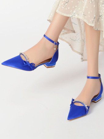 結婚式の靴サテンホワイト先のとがったつま先の弓フラットブライダルシューズ