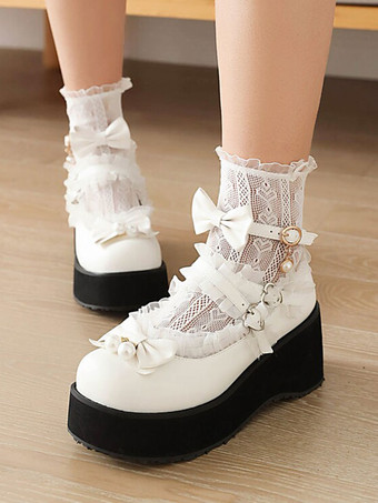 ホワイト ロリータシューズ パール弓PUレザーウェッジヒール スイート ロリータポンプ ホワイト